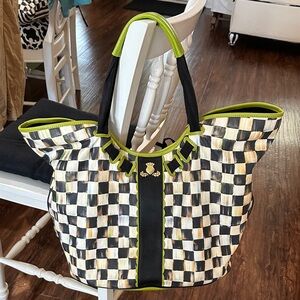 MacKenzie-Childs thistle  Black and White Checkered Tote with Green Trim